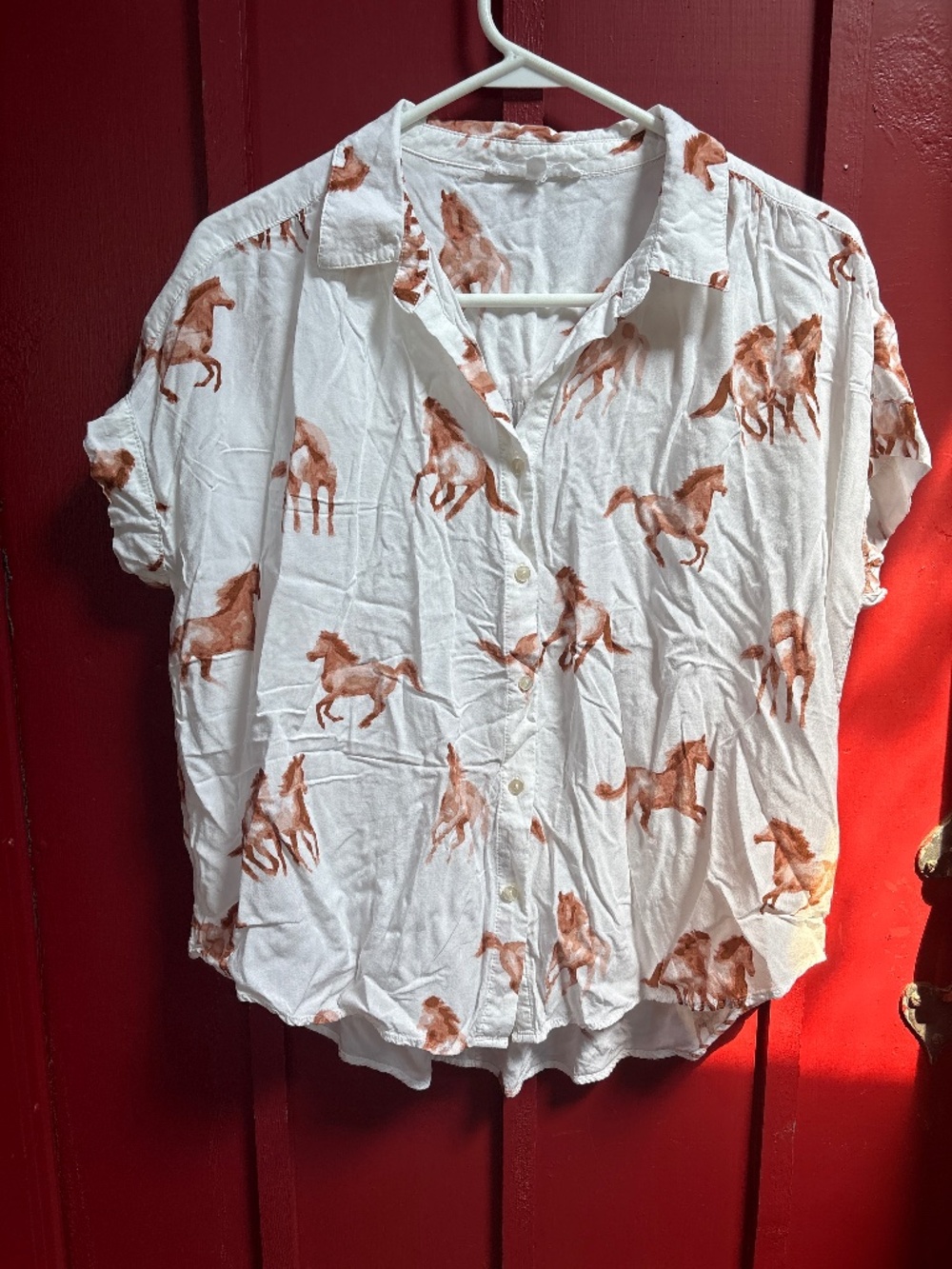 Jane and Delancey horse print button up, size large